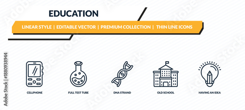 education icons set - cellphone, full test tube, dna strand, old school, having an idea outline vector collection.