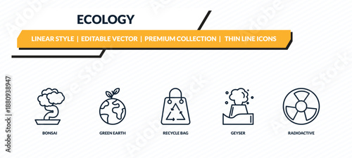 ecology icons set - bonsai, green earth, recycle bag, geyser, radioactive outline vector collection.
