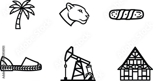 various icons including palm tree cheetah head sushi flip flops oil pump and house