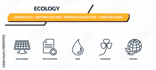 ecology icons set - solar energy, recycled paper, drop, shamrock, ecology outline vector collection.