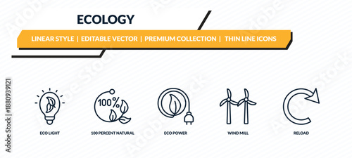 ecology icons set - eco light, 100 percent natural, eco power, wind mill, reload outline vector collection.