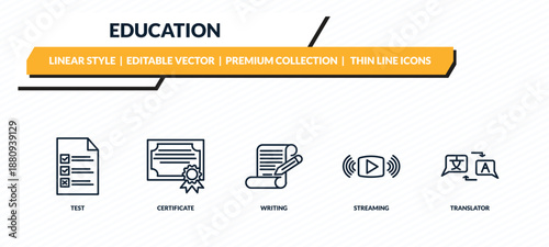 education icons set - test, certificate, writing, streaming, translator outline vector collection.