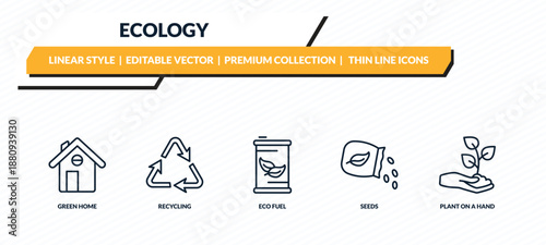 ecology icons set - green home, recycling, eco fuel, seeds, plant on a hand outline vector collection.