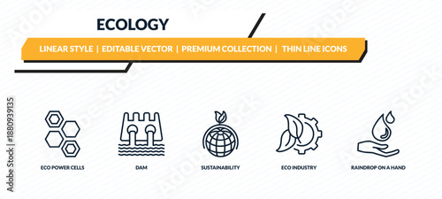 ecology icons set - eco power cells, dam, sustainability, eco industry, raindrop on a hand outline vector collection.