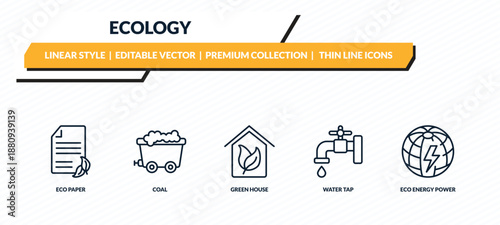 ecology icons set - eco paper, coal, green house, water tap, eco energy power outline vector collection.