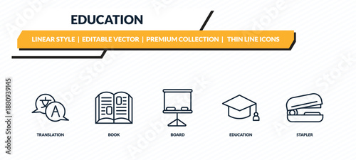 education icons set - translation, book, board, education, stapler outline vector collection.