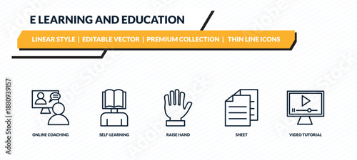 e learning and education icons set - online coaching, self-learning, raise hand, sheet, video tutorial outline vector collection.