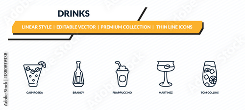 drinks icons set - caipiroska, brandy, frappuccino, martinez, tom collins outline vector collection.