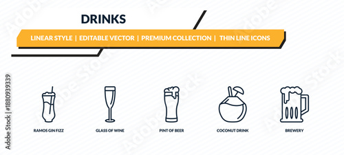 drinks icons set - ramos gin fizz, glass of wine, pint of beer, coconut drink, brewery outline vector collection.
