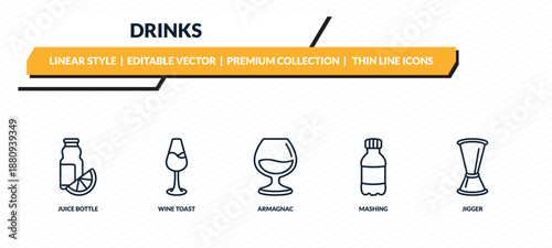 drinks icons set - juice bottle, wine toast, armagnac, mashing, jigger outline vector collection.