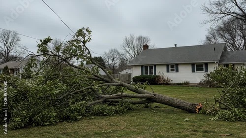 Fallen tree on lawn beside house after stormy weather  