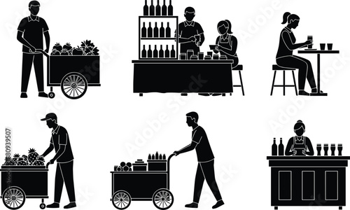 Street vendor silhouette set, food cart and market stall workers, cafe service people icons, retail business black vector illustration