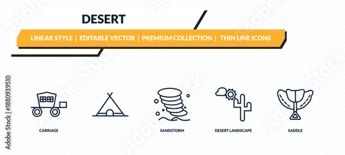 desert icons set - carriage, , sandstorm, desert landscape, saddle outline vector collection.