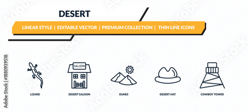 desert icons set - lizard, desert saloon, dunes, desert hat, cowboy tower outline vector collection.