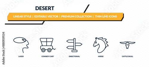 desert icons set - lasso, cowboy cart, directional, horse, cattle skull outline vector collection.