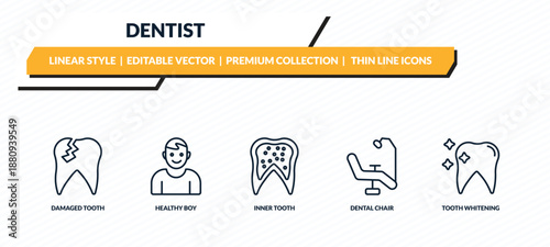 dentist icons set - damaged tooth, healthy boy, inner tooth, dental chair, tooth whitening outline vector collection.