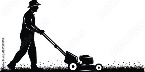 Gardener mowing lawn silhouette, man using grass cutter machine, landscaping service concept, garden maintenance black vector illustration isolated
