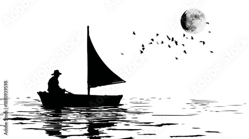 Tranquil black and white silhouette of a lone sailor in a sailboat on calm water under a full moon with flying birds.