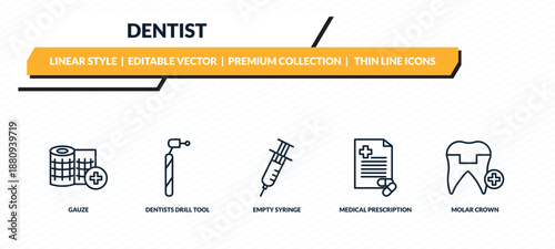 dentist icons set - gauze, dentists drill tool, empty syringe, medical prescription, molar crown outline vector collection.