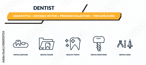 dentist icons set - partial denture, dental folder, healthy tooth, dental prosthesis, dental hook outline vector collection.