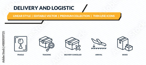 delivery and logistic icons set - fragile, tracking, delivery cancelled, arrival, boxes outline vector collection.