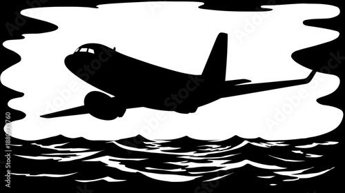 Vintage Style Airplane Silhouette Flying Over Wavy Ocean Water, Retro Travel Graphic Illustration, Black and White Sky Journey