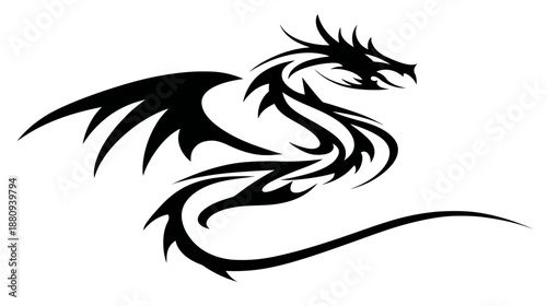 Majestic black tribal dragon silhouette with outstretched wings, a powerful mythical creature design element, fantasy art vector graphic