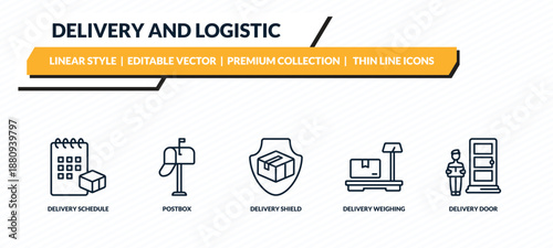 delivery and logistic icons set - delivery schedule, postbox, delivery shield, weighing, door outline vector collection.