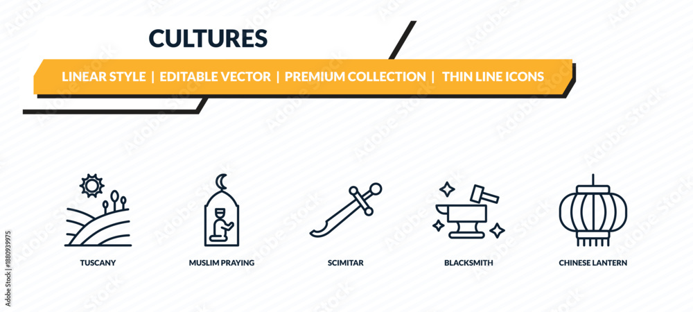 Fototapeta premium cultures icons set - tuscany, muslim praying, scimitar, blacksmith, chinese lantern outline vector collection.