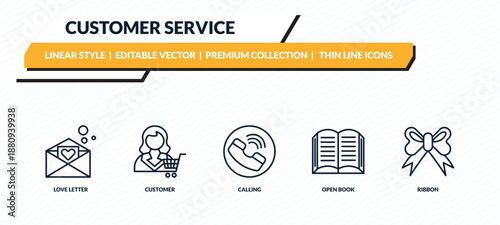 customer service icons set - love letter, customer, calling, open book, ribbon outline vector collection.