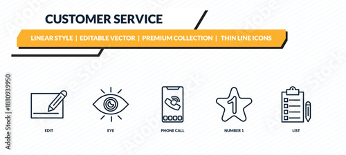 customer service icons set - edit, eye, phone call, number 1, list outline vector collection.