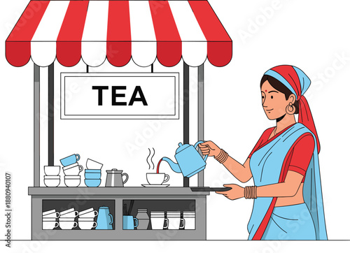 Traditional Indian woman in a blue saree pouring hot tea from a kettle at a street stall with red awning.