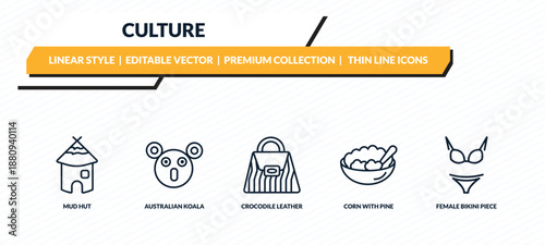 culture icons set - mud hut, australian koala, crocodile leather bag, corn with pine, female bikini piece outline vector collection.
