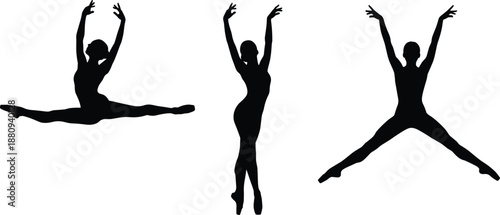 Black and white silhouette illustration of three ballet dancers in dynamic leaping and dancing poses isolated on white background for arts,