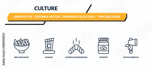 culture icons set - beef and garlic, kankles, australian boomerang, vegemite, native american axes outline vector collection.