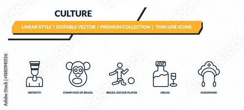 culture icons set - nefertiti, chimp face of brazil, brazil soccer player, orujo, kokoshnik outline vector collection.