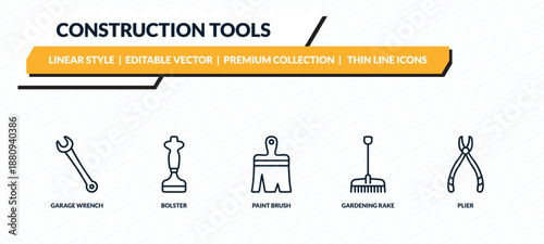construction tools icons set - garage wrench, bolster, paint brush, gardening rake, plier outline vector collection.