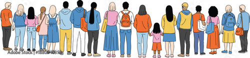 Group of diverse people standing in line from behind, including adults and children with backpacks, in casual colorful clothing, waiting together outdoors