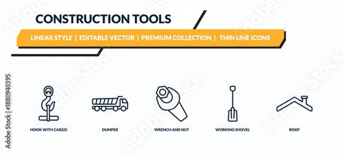 construction tools icons set - hook with cargo, dumper, wrench and nut, working shovel, roof outline vector collection.