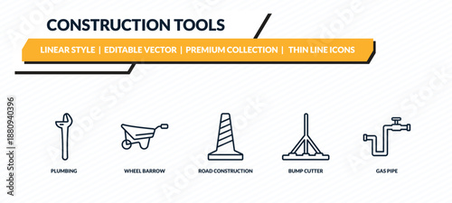 construction tools icons set - plumbing, wheel barrow, road construction, bump cutter, gas pipe outline vector collection.