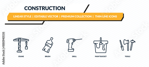 construction icons set - crane, brush, drill, paint bucket, tools outline vector collection.