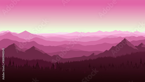 Serene mountain range landscape vector illustration with layers of purple and pink hues at sunrise