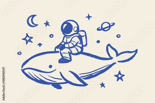 Astronaut riding whale in space doodle sketch vector illustration