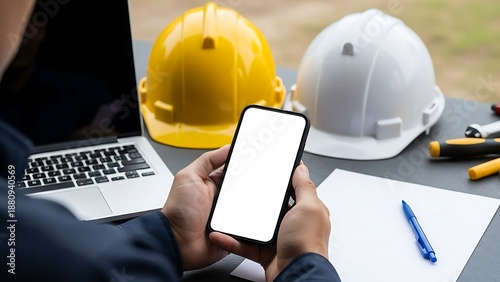 Construction worker using smartphone with laptop and hard hats on table.