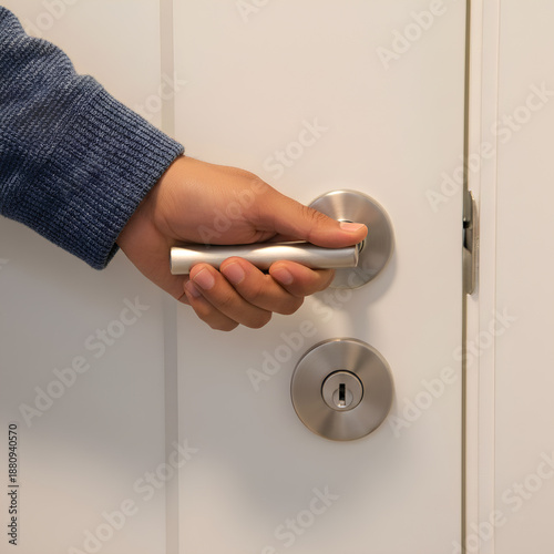 Wallpaper Mural Detail Shot of Person's Hand Gripping and Opening Modern Stainless Steel Lever Handle on White Painted Interior Door Torontodigital.ca