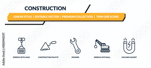 construction icons set - derrick with load, construction palette, spanner, derrick with ball, inclined magnet outline vector collection.