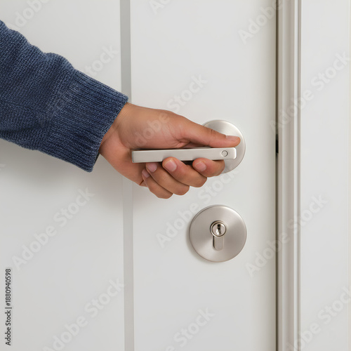 Wallpaper Mural Close-up of Human Hand Turning Modern Chrome Lever Door Handle on Clean White Interior Door Torontodigital.ca