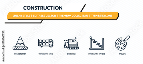 construction icons set - road stopper, truck with load, backhoes, stairs with handle, pallete outline vector collection.