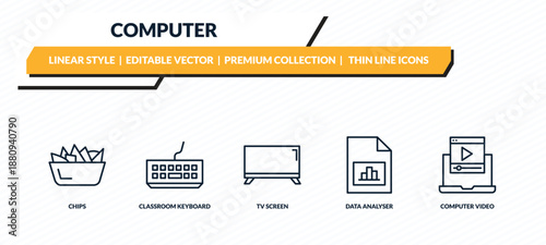 computer icons set - chips, classroom keyboard, tv screen, data analyser, computer video outline vector collection.