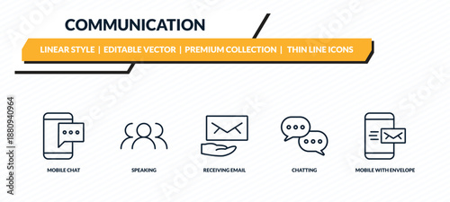 communication icons set - mobile chat, speaking, receiving email, chatting, mobile with envelope outline vector collection.